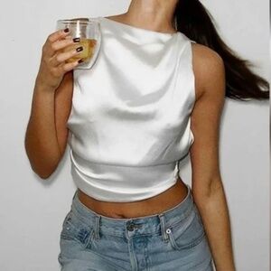 Zara Open Backless Silk/Satin white tie top
